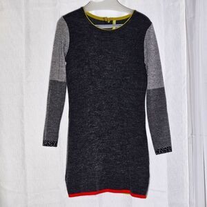Eva & Claudi Gray Wool Blend Back Button Animal Print Trim Colorblock Knit Dress